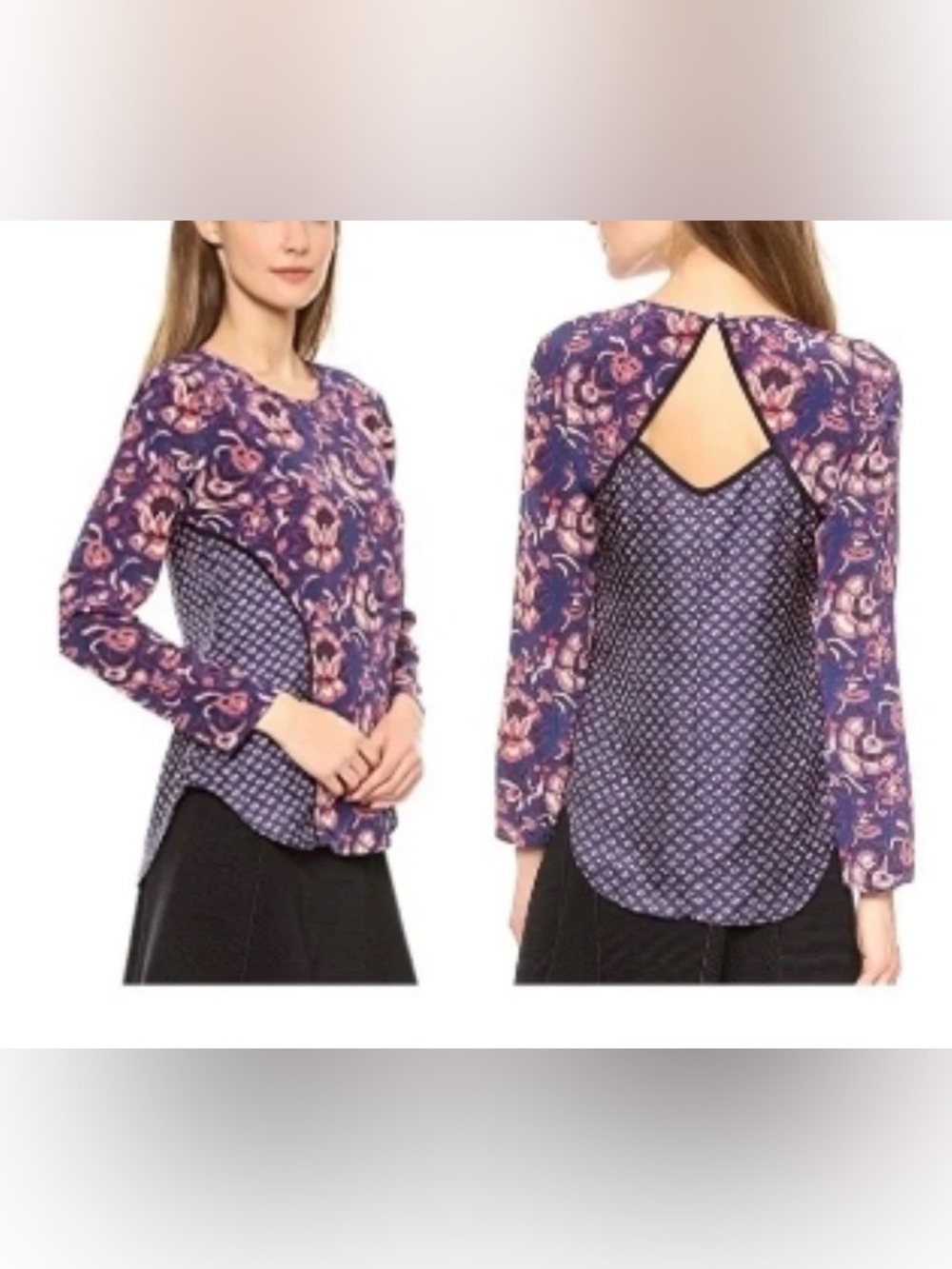 Veronica Beard Silk Floral Long Sleeve Blouse Bohemian Navy Size 10